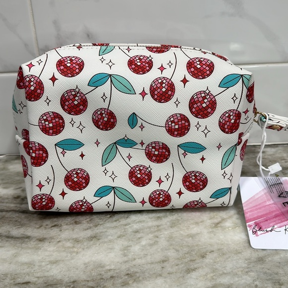 Cherry Disco Ball COSMETICS BAG Zipper Pouch Wristlet NEW Vegan Leather Peta - Picture 2 of 8